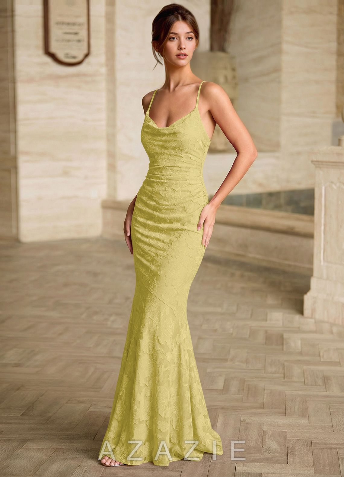 Leahenmo Pastel Yellow Floral Jacquard Prom Dress