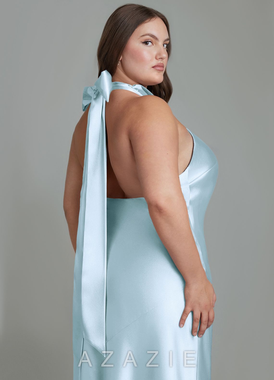 Azazie Velli Sky Blue Sheath High Neck Metallic Satin Dress sky_blue