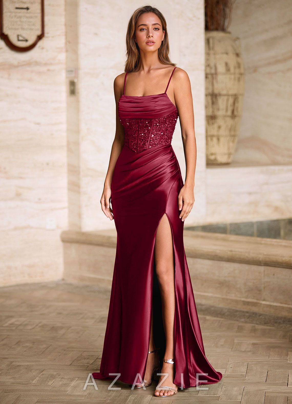 Starlit Burgundy Cowl Neck Sequin Corset Dress  burgundy