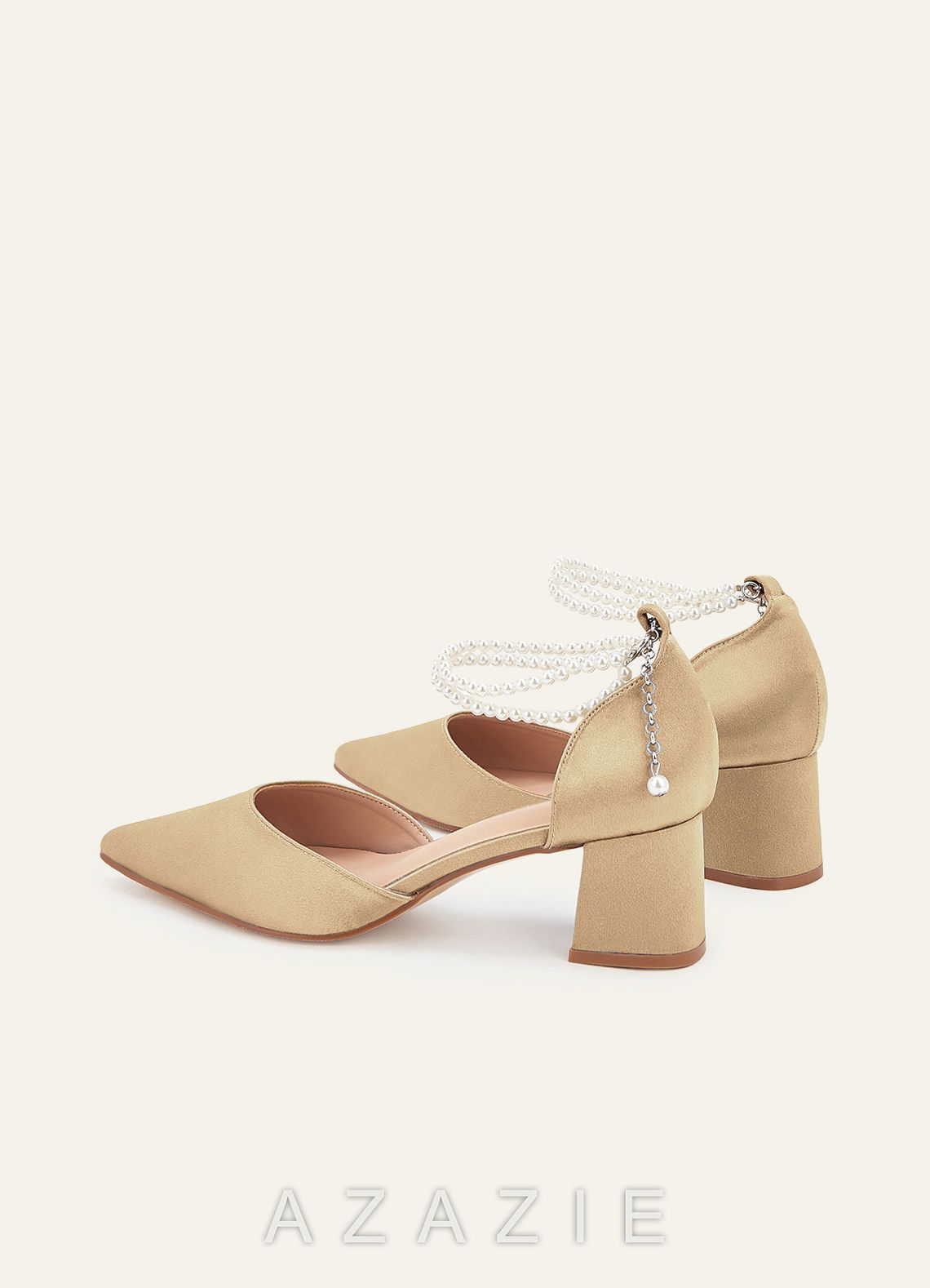 Matching Color Metallic Satin Pearl Strap Pointed Toe Block Heels & Shell-Shape Pleated Clutch Bag  champagne