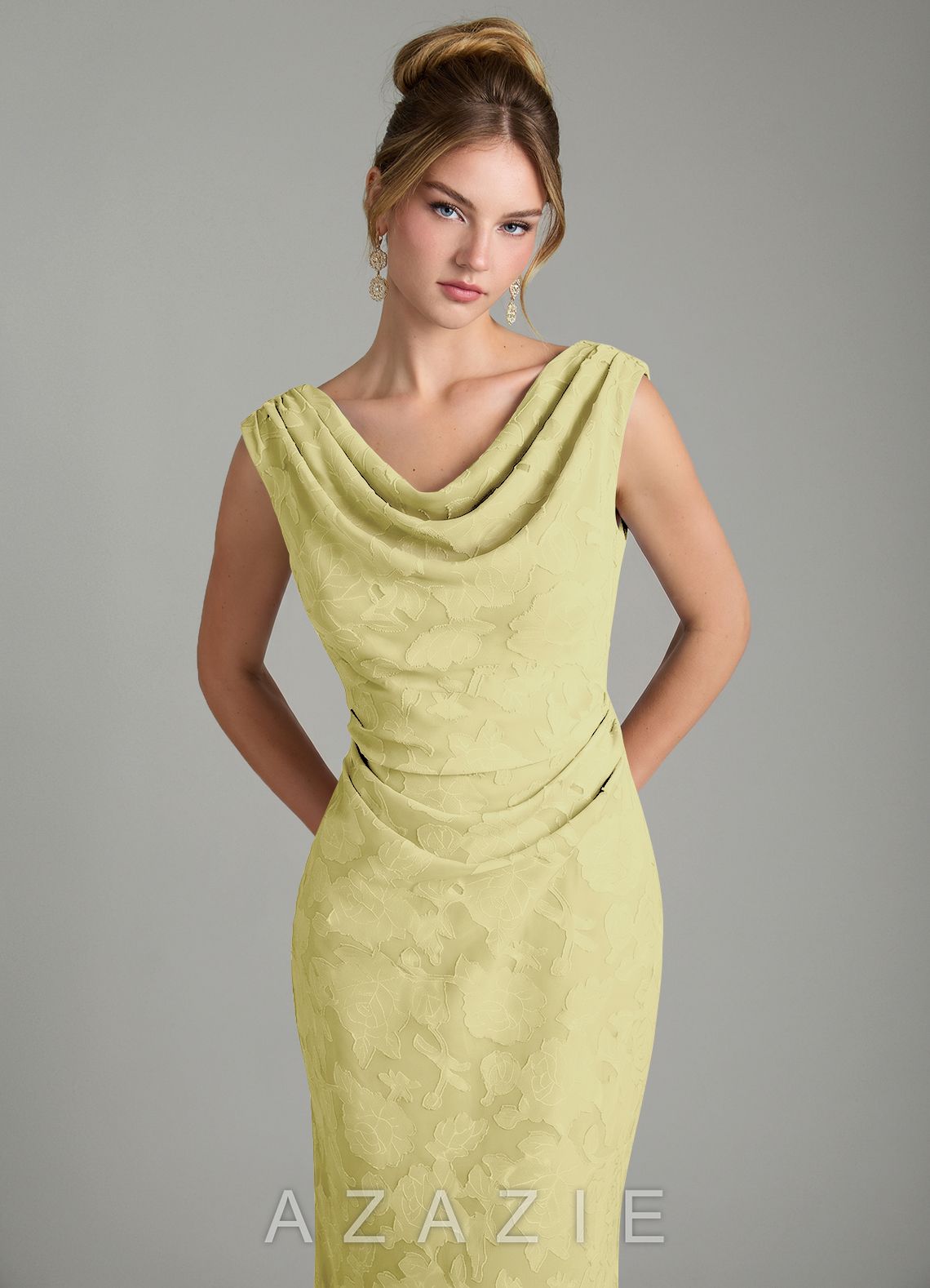 Azazie Kieryn Lemon Sorbet Mermaid Pleated Floral Burnout Dress lemon_sorbet