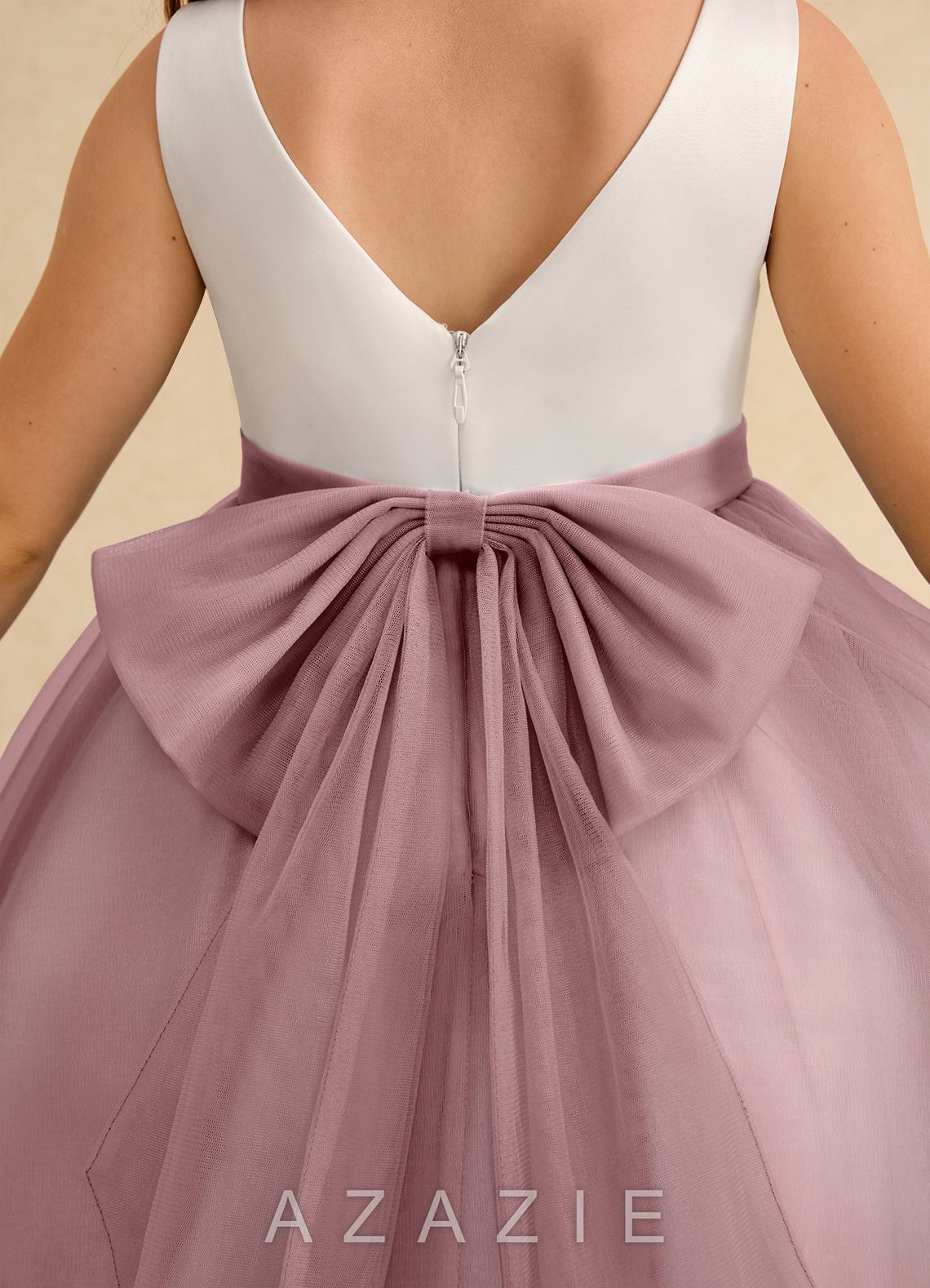 Azazie Rene Ivory Dusty Rose A-Line Bow Tulle Dress ivory/dusty_rose