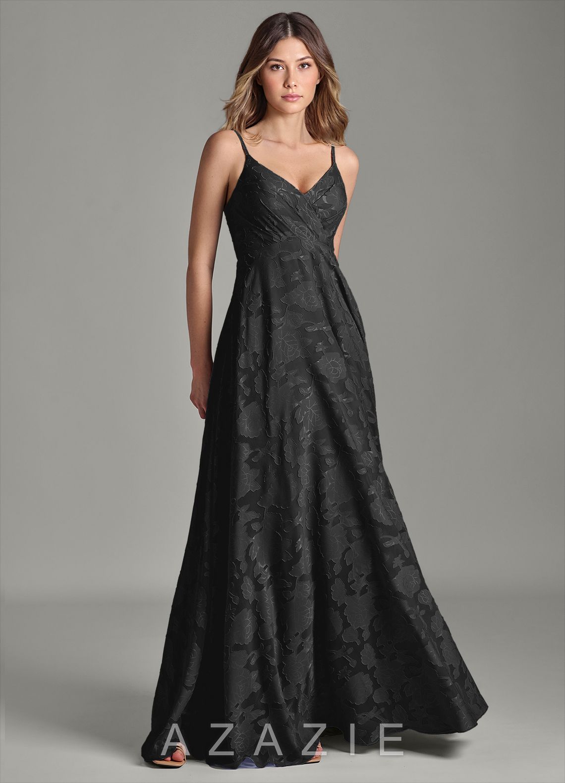 Azazie Amani Black A-Line Pleated Floral Burnout Dress