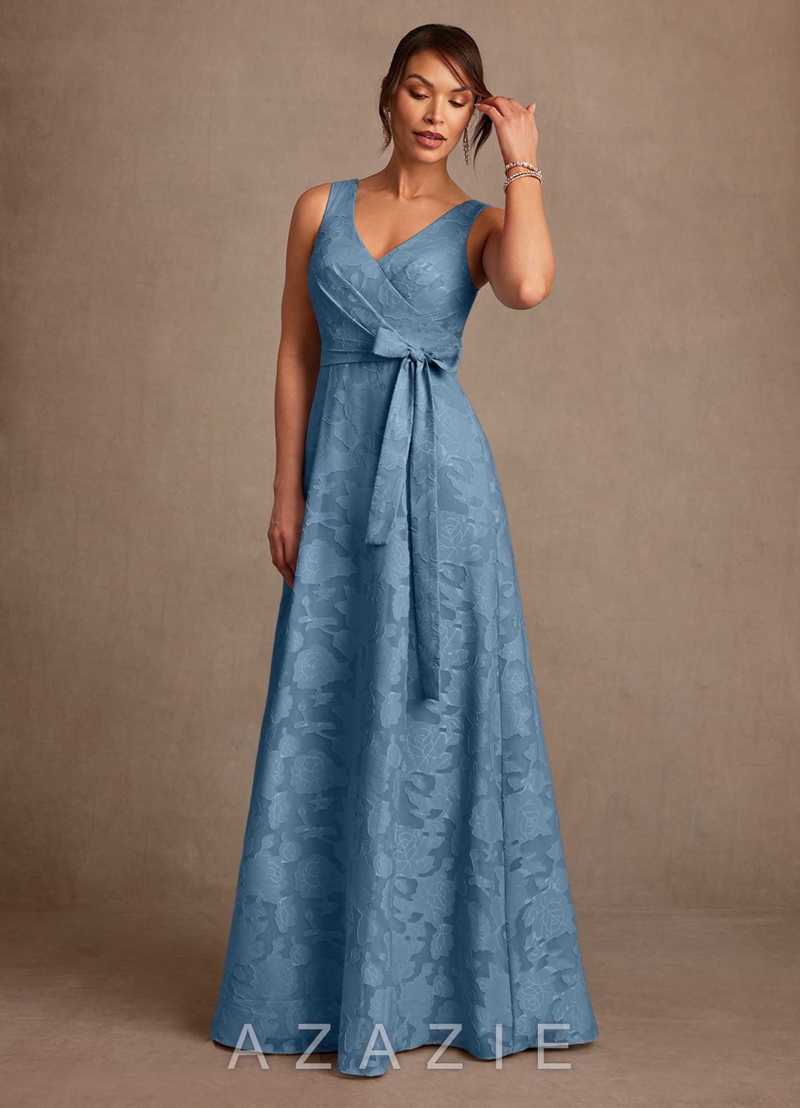 Azazie Luanne Steel Blue A-Line Pleated Floral Burnout Dress steel_blue