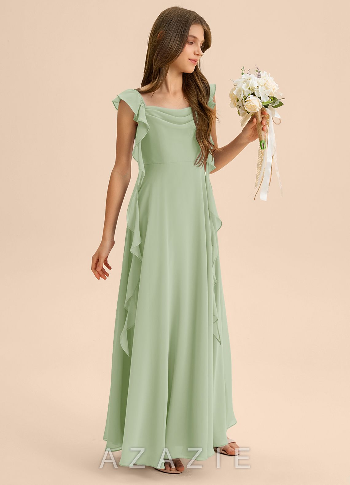 Azazie Carmin Junior Dusty Sage A-Line Ruched Chiffon Dress dusty_sage