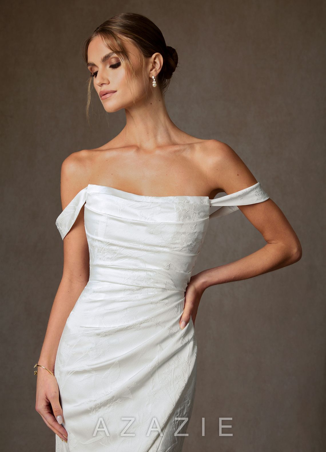 Azazie Tilly Diamond White Sheath Off the Shoulder Floral Jacquard Dress diamond_white