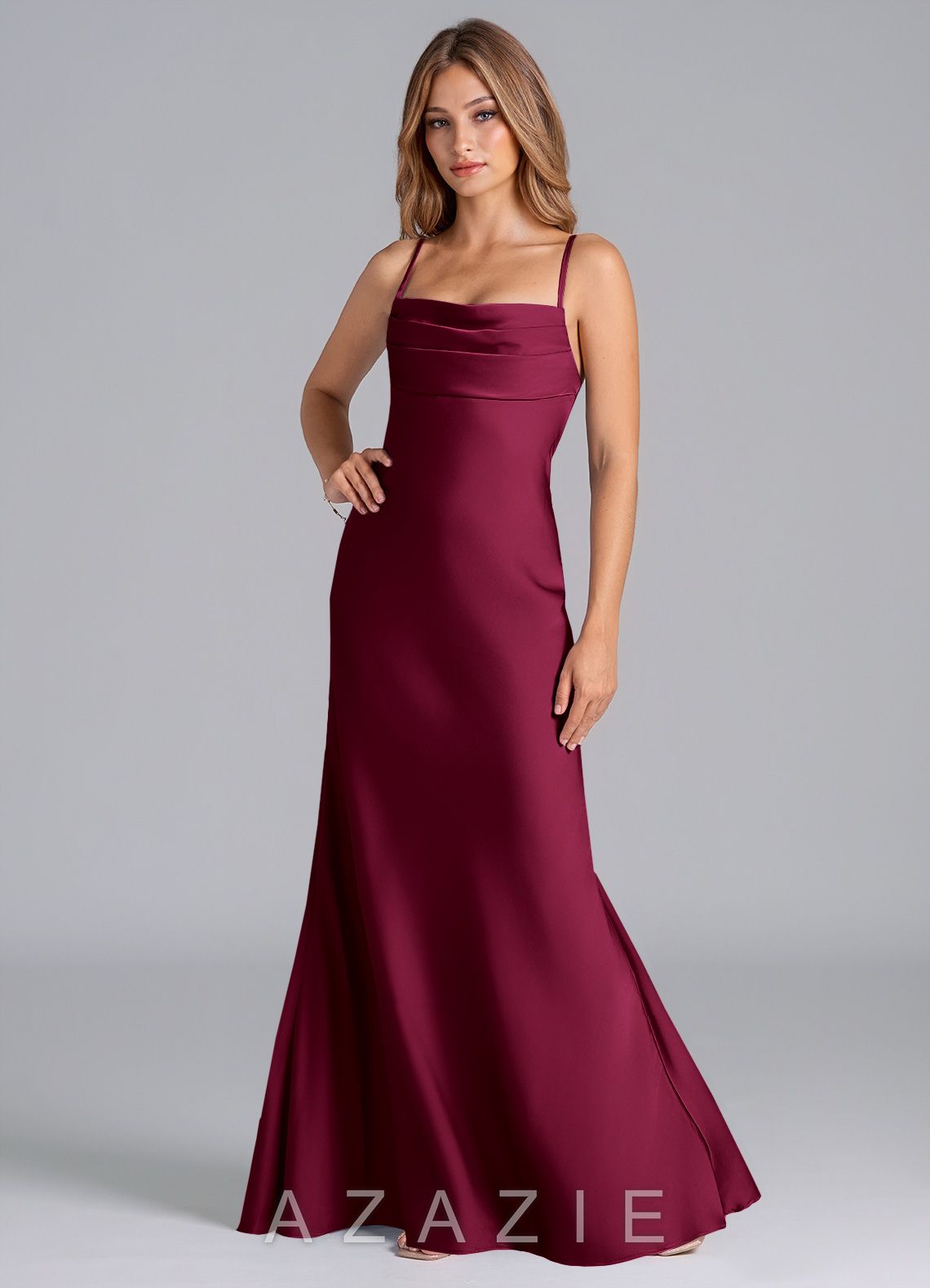 Azazie Seema Burgundy Mermaid Corset Stretch Satin Dress burgundy