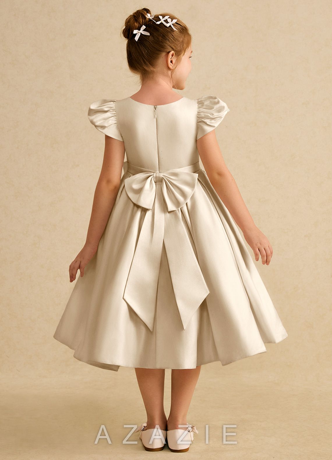 Azazie Pearl Champagne Ball-Gown Pleated Matte Satin Dress champagne