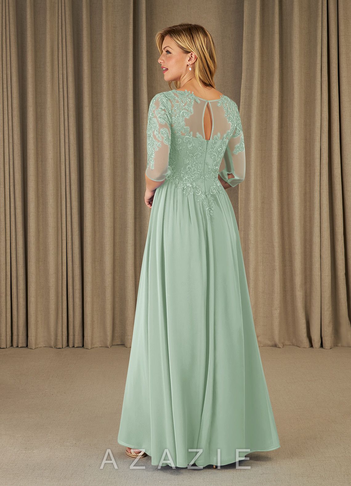 Azazie Mirielle Agave A-Line Scoop Lace Chiffon Dress agave