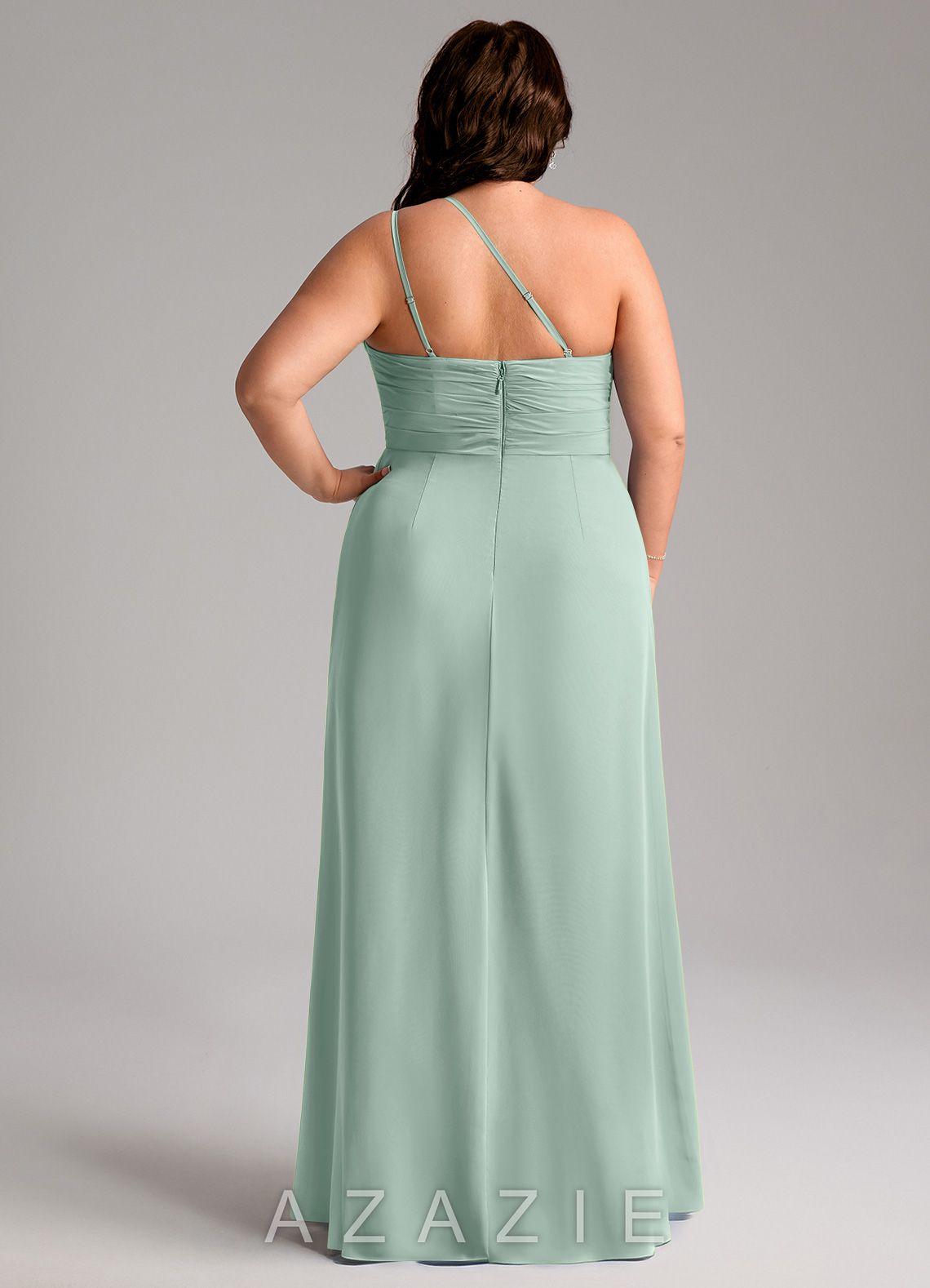 Azazie Eren Agave Sheath One Shoulder Chiffon Dress agave