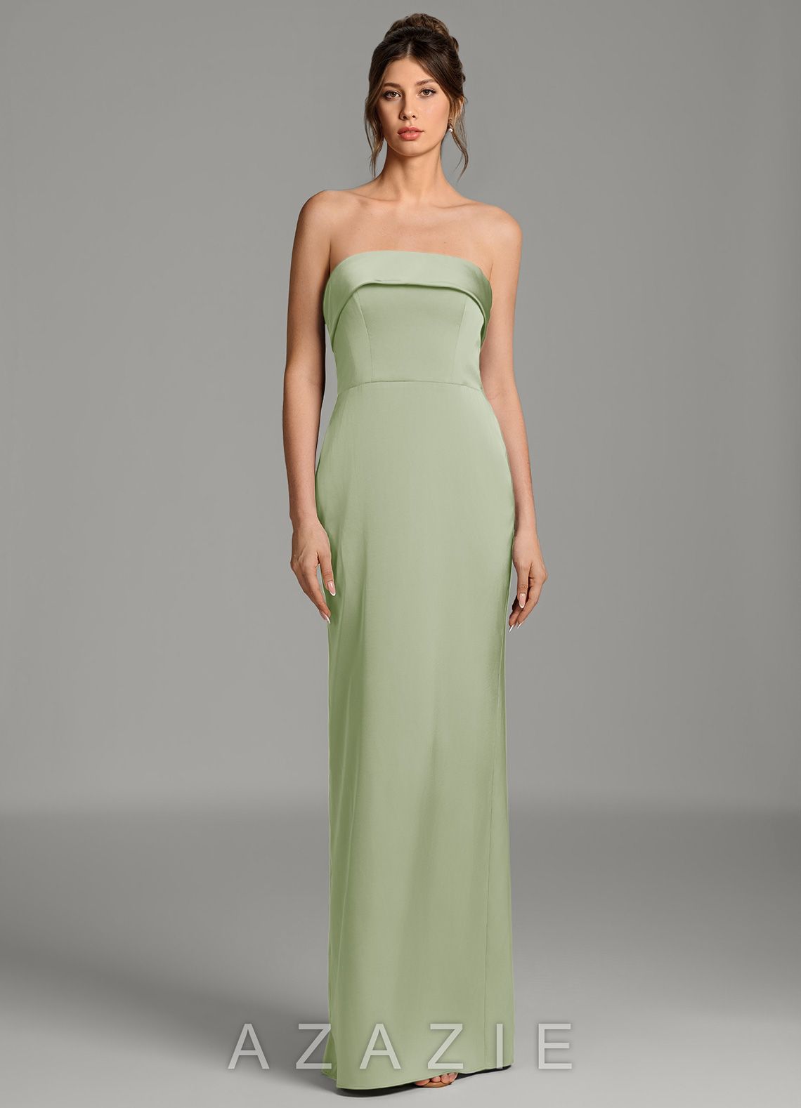 Azazie Phoenyx Dusty Sage Sheath Strapless Stretch Satin Dress
