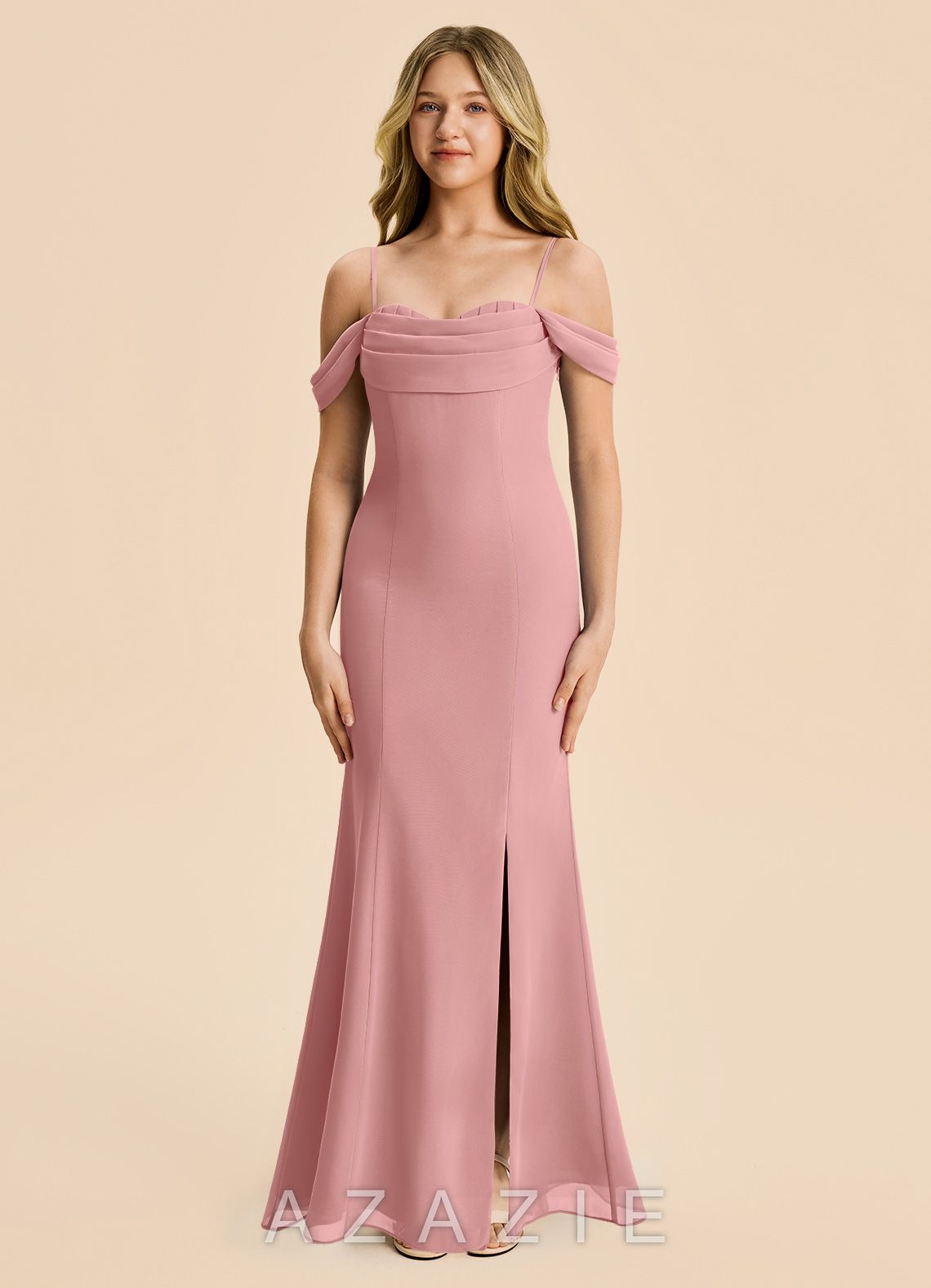 Azazie Nira Junior Dusty Rose Mermaid Ruched Chiffon Dress dusty_rose