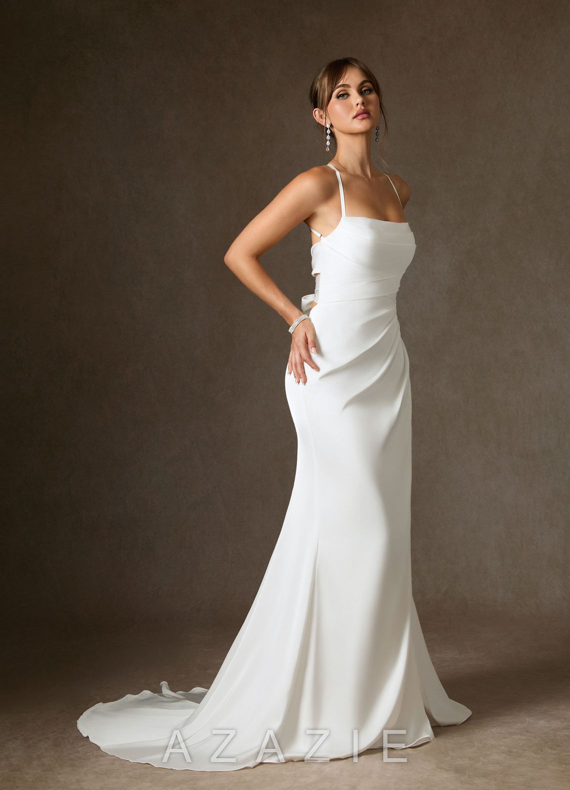 Azazie Kierra Wedding Dress Diamond White Mermaid Pleated Stretch Satin Dress diamond_white