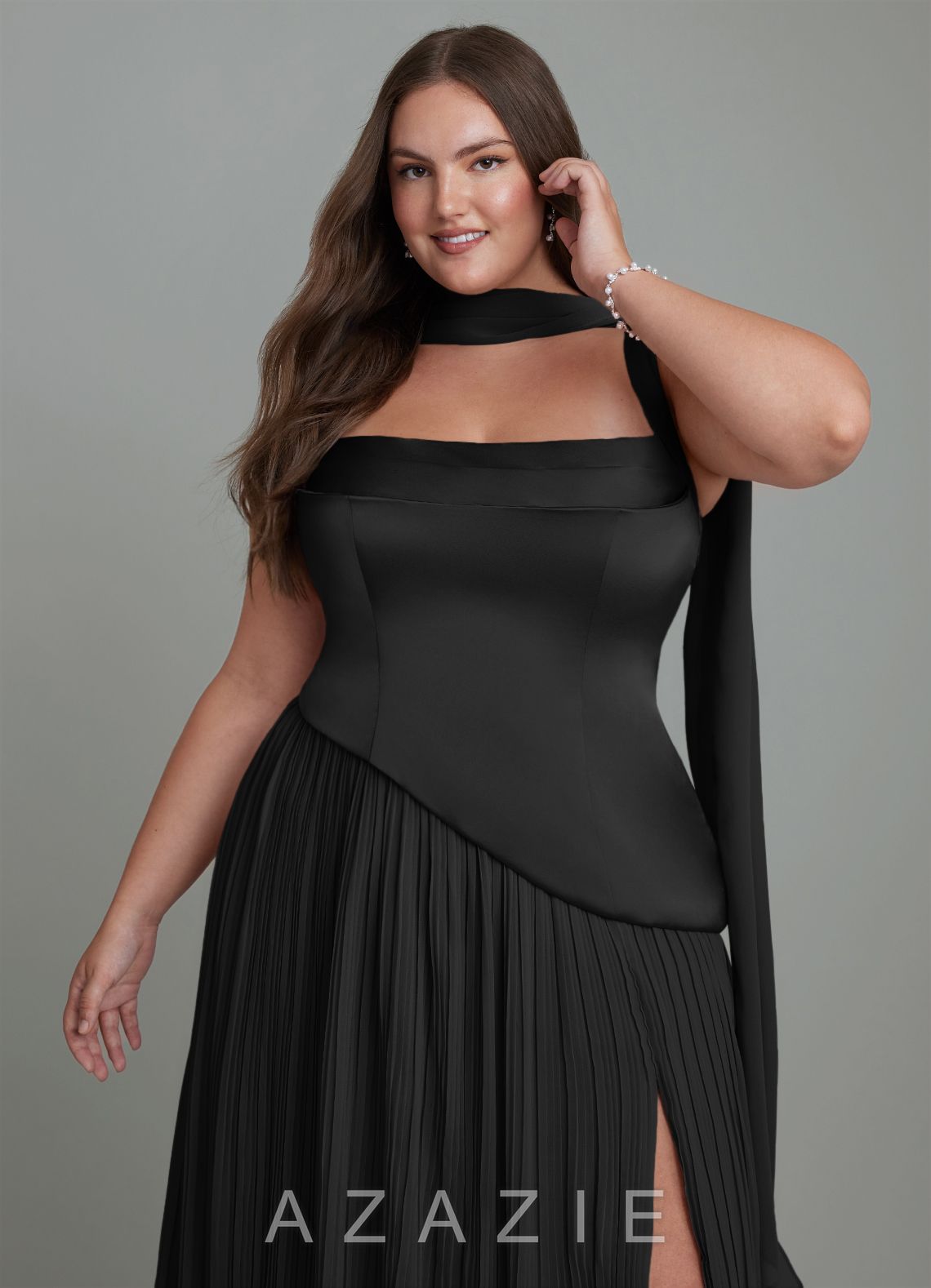 Azazie Stephanie Black A-Line Pleated Stretch Satin Dress black