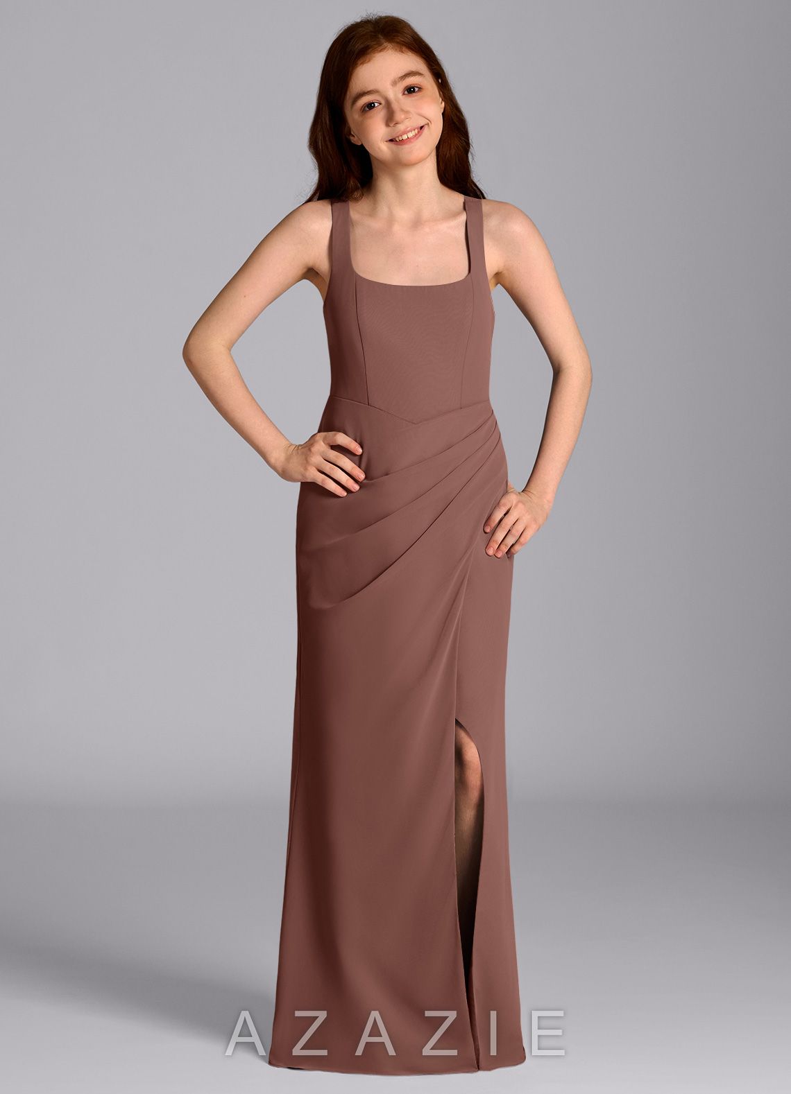 Azazie Mero Junior Espresso Mermaid Pleated Chiffon Dress espresso