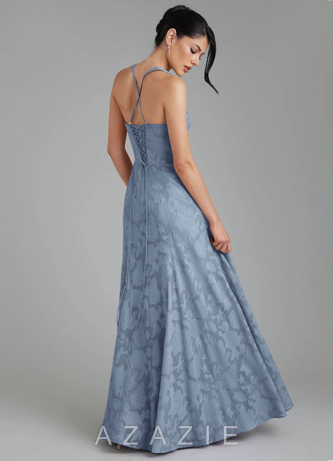 Azazie Bea Dusty Blue A-Line Corset Floral Burnout Dress dusty_blue