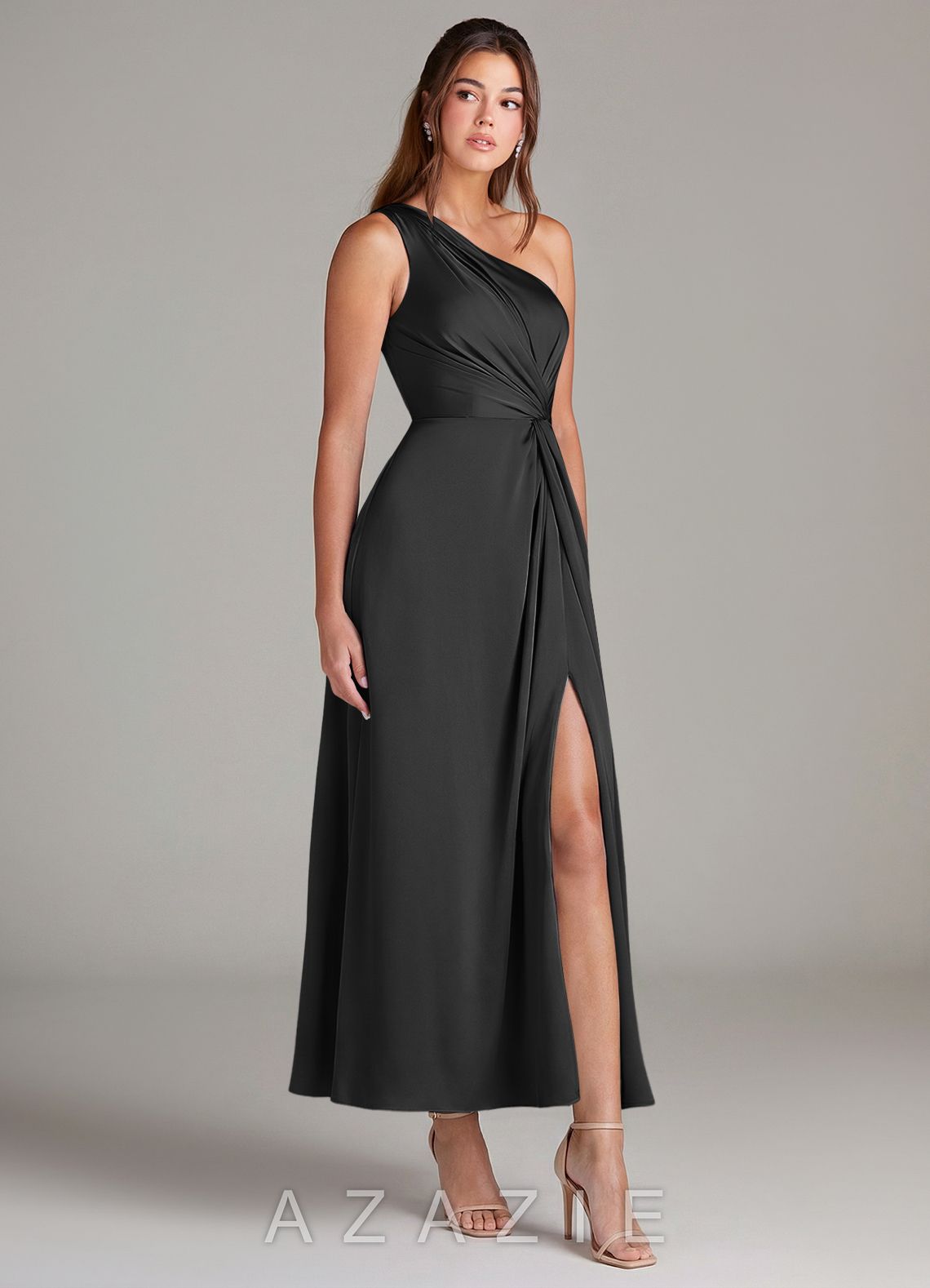 Azazie Brooke Black A-Line One Shoulder Stretch Satin Dress black