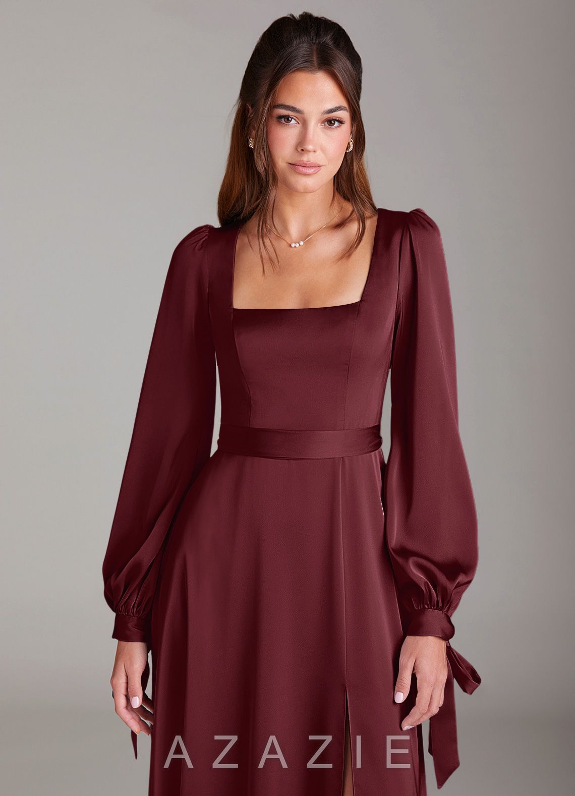 Azazie Leonia Cabernet A-Line Long Sleeve Stretch Satin Dress cabernet