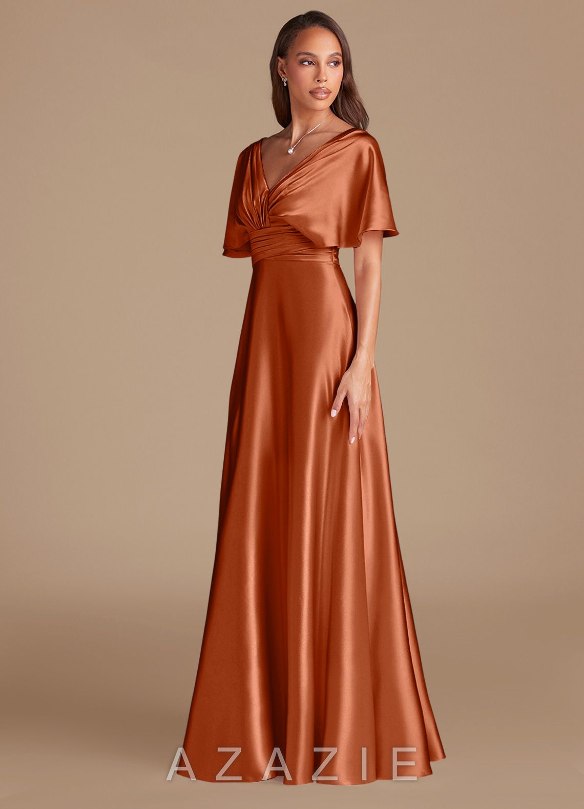 Azazie Pamela Auburn A-Line Pleated Metallic Satin Dress auburn