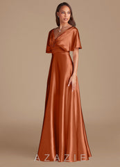 Azazie Pamela Auburn A-Line Pleated Metallic Satin Dress auburn