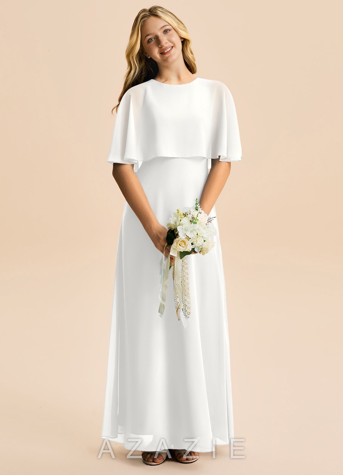 Azazie Maris Junior White A-Line Chiffon Dress white