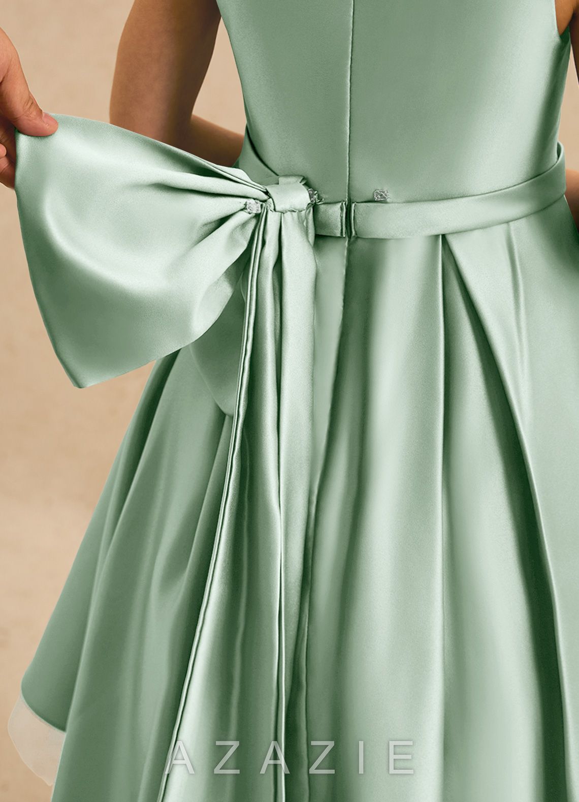 Azazie Josie Agave A-Line Pleated Matte Satin Dress agave