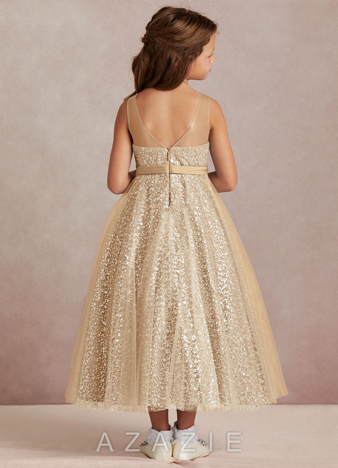 Azazie Siwa Champagne A-Line Beaded Tulle Dress champagne