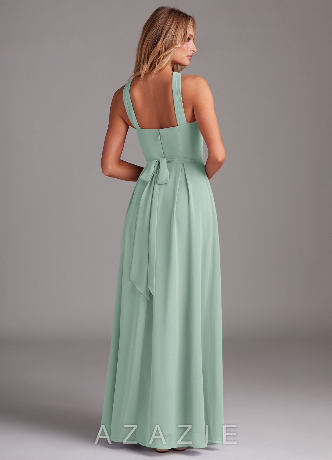 Azazie Dixie Agave A-Line Halter Pleated Chiffon Dress agave