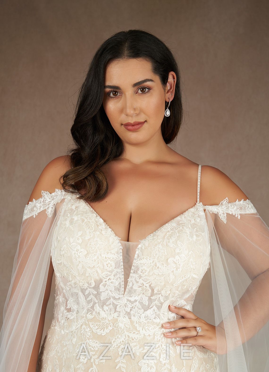 Azazie Leonie Wedding Dress Diamond White Mermaid V-Neck Sequins Tulle Dress diamond_white