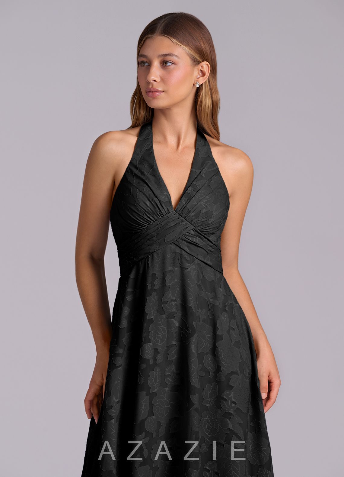 Azazie Tessie Black A-Line Pleated Floral Burnout Dress black