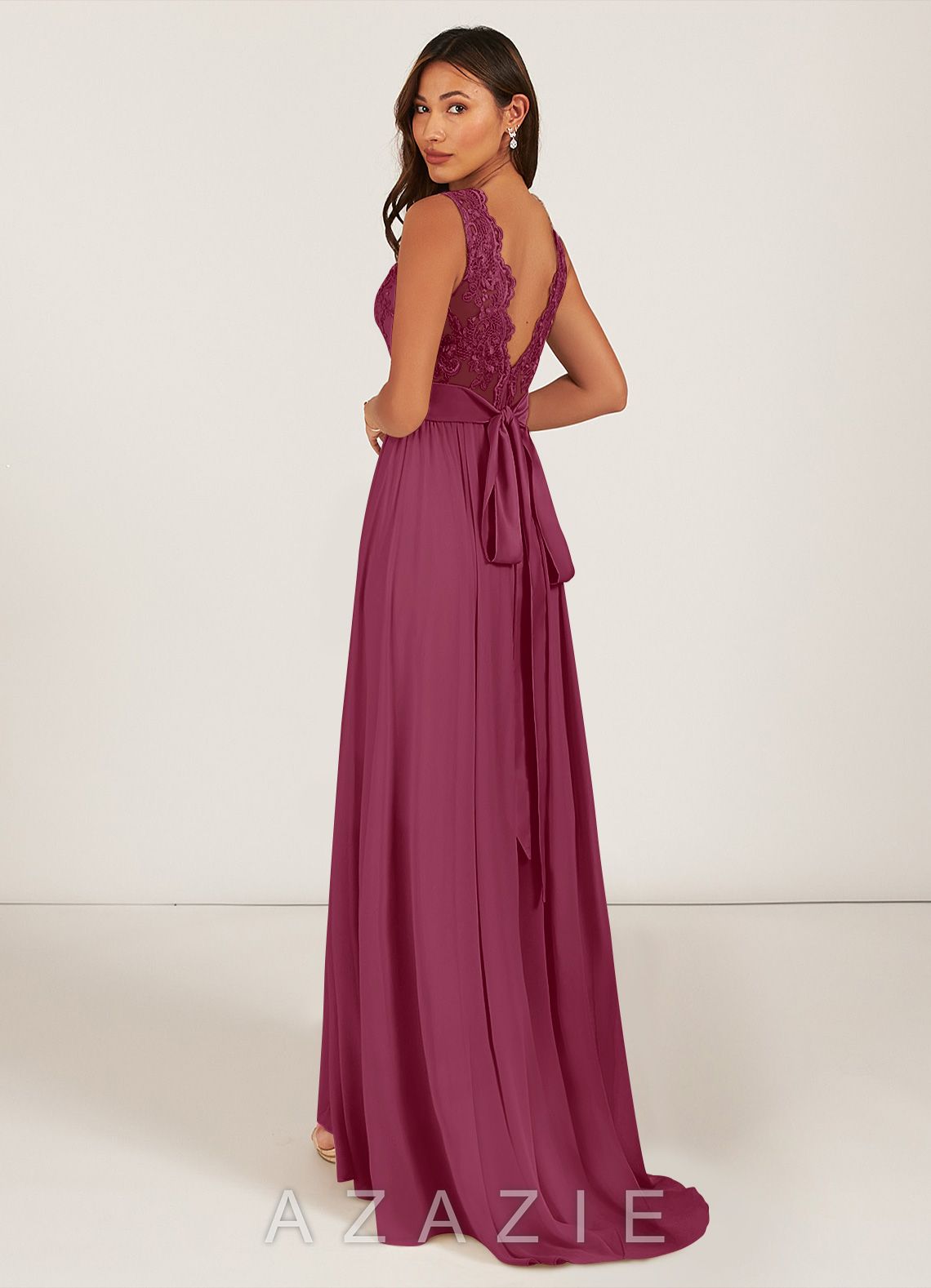 Azazie Gertrude Mulberry A-Line Lace Chiffon Dress mulberry