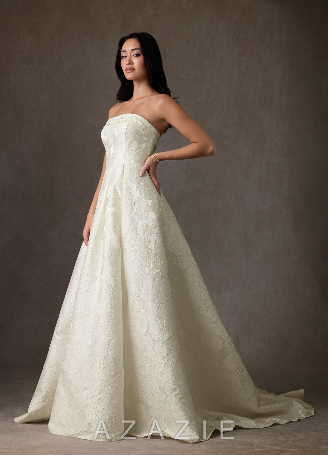 Azazie Desiree Antique White Ball-Gown Strapless Floral Jacquard Dress