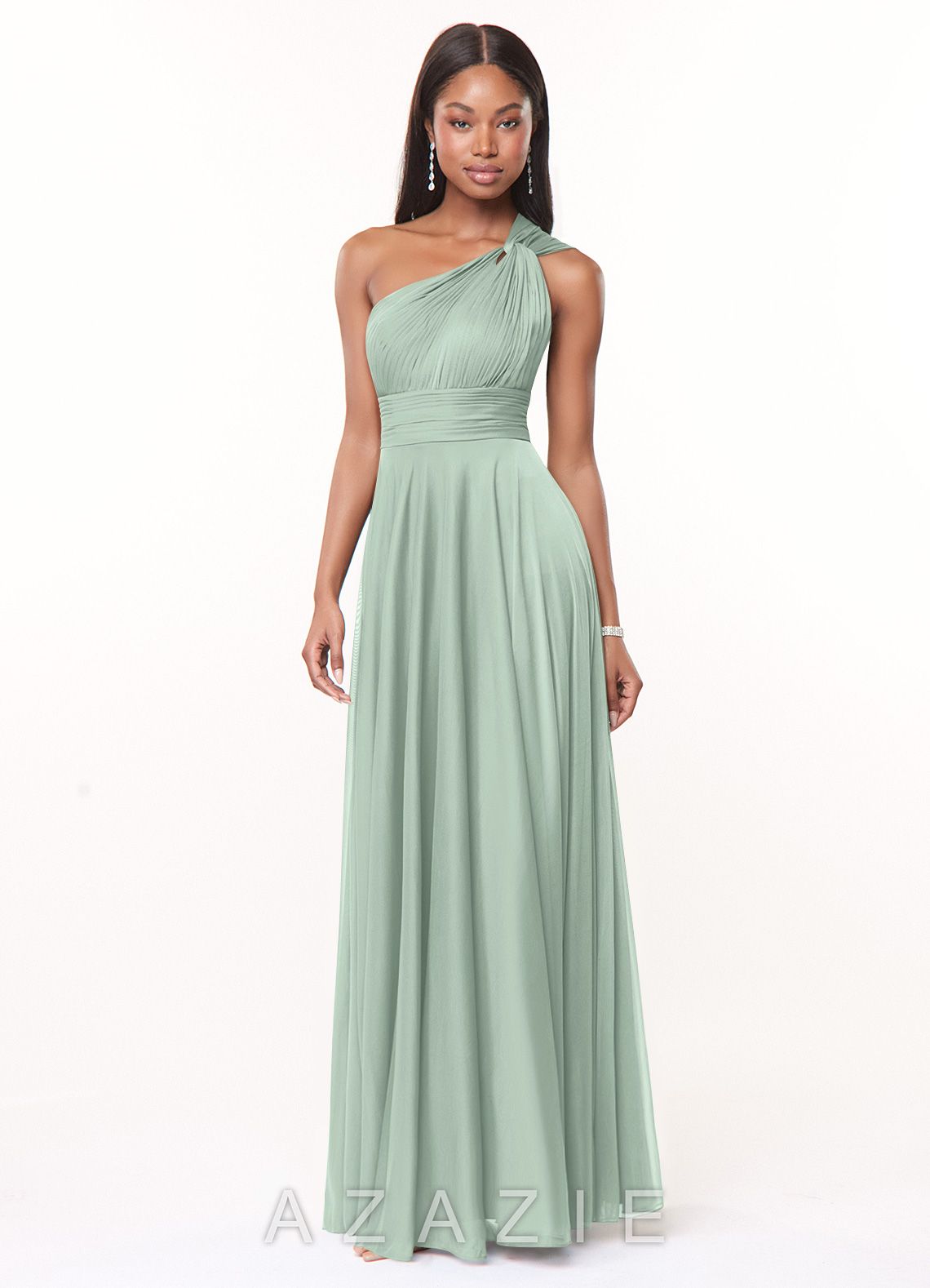Azazie Charlize Agave A-Line One Shoulder Mesh Dress agave
