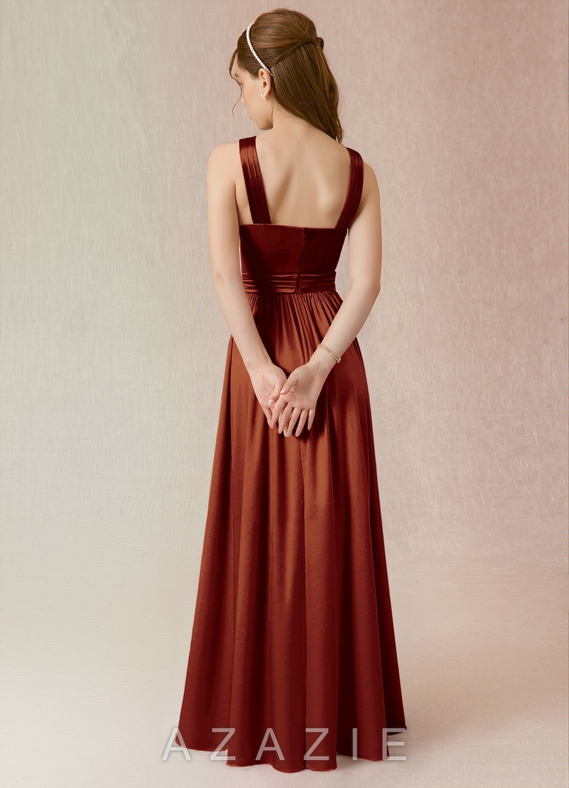 Azazie Jiya Junior Auburn A-Line Pleated Metallic Satin Dress auburn