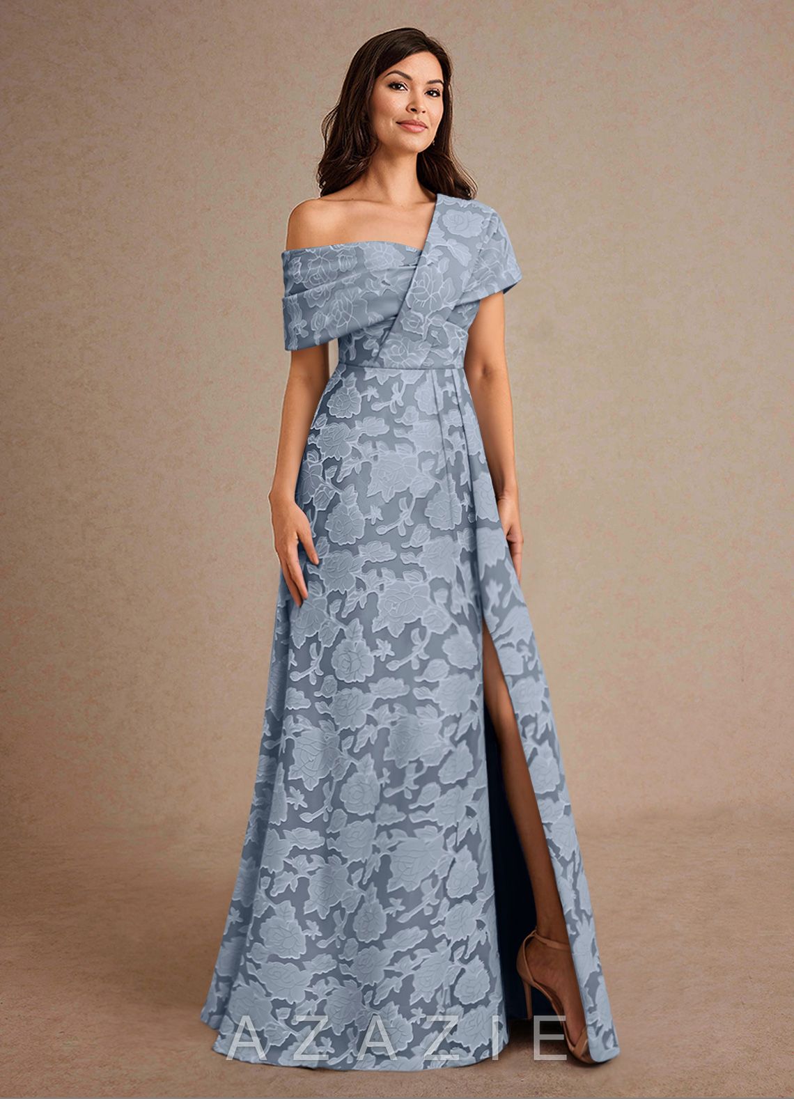 Azazie Milton Dusty Blue A-Line Pleated Floral Burnout Dress dusty_blue