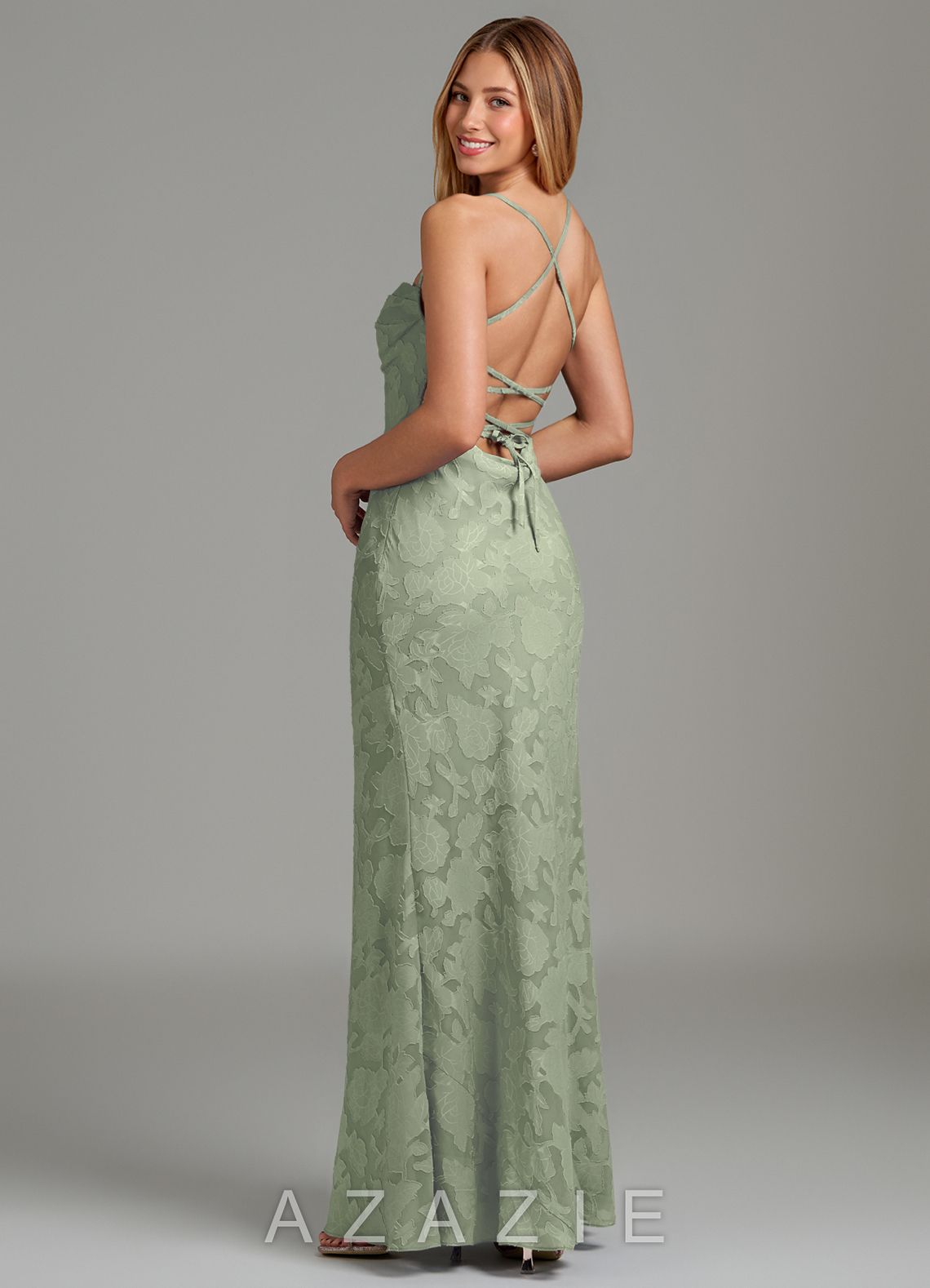 Azazie Ola Agave Mermaid Corset Floral Burnout Dress agave
