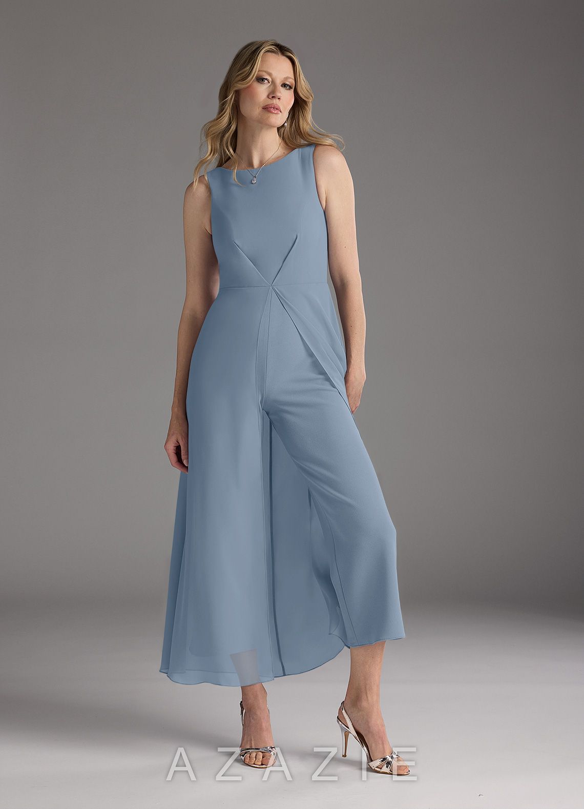 Azazie Anitta Dusty Blue Jumpsuit/Pantsuit Pleated Stretch Crepe Dress dusty_blue