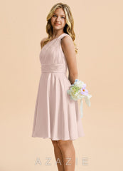 Azazie Charlize Junior Blushing Pink A-Line Pleated Stretch Satin Dress blushing_pink