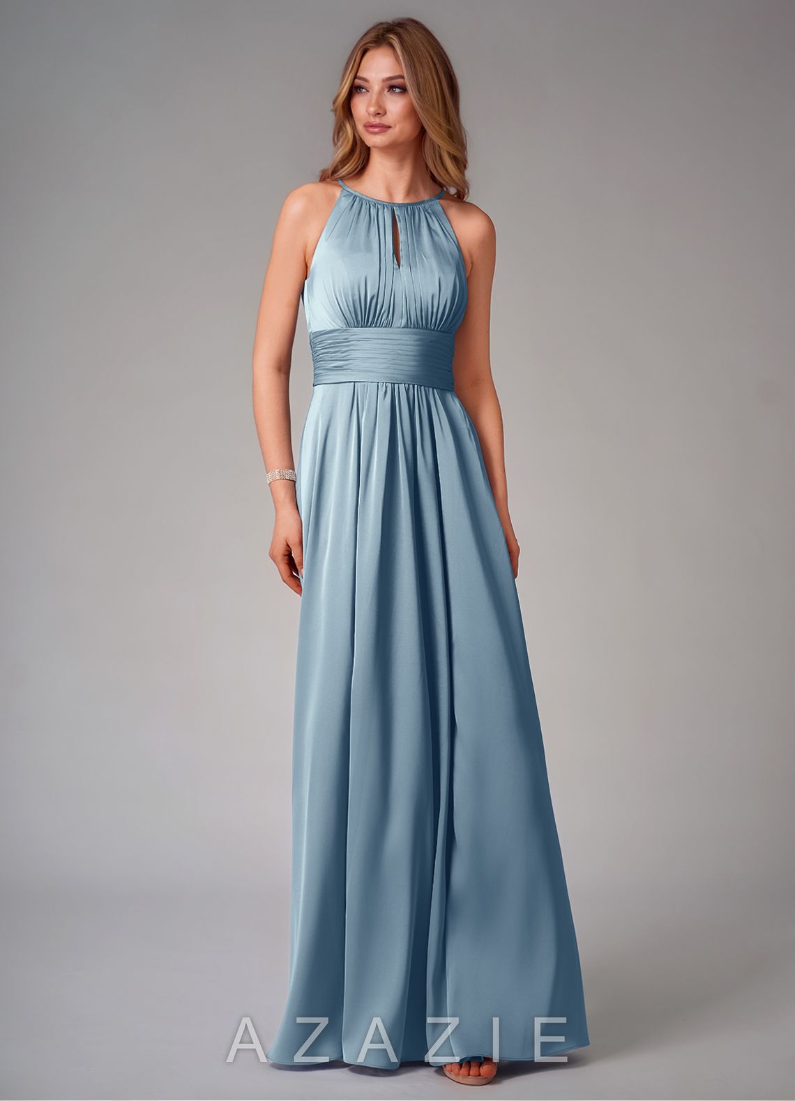Azazie Bonnie Dusty Blue A-Line Pleated Stretch Satin Dress dusty_blue