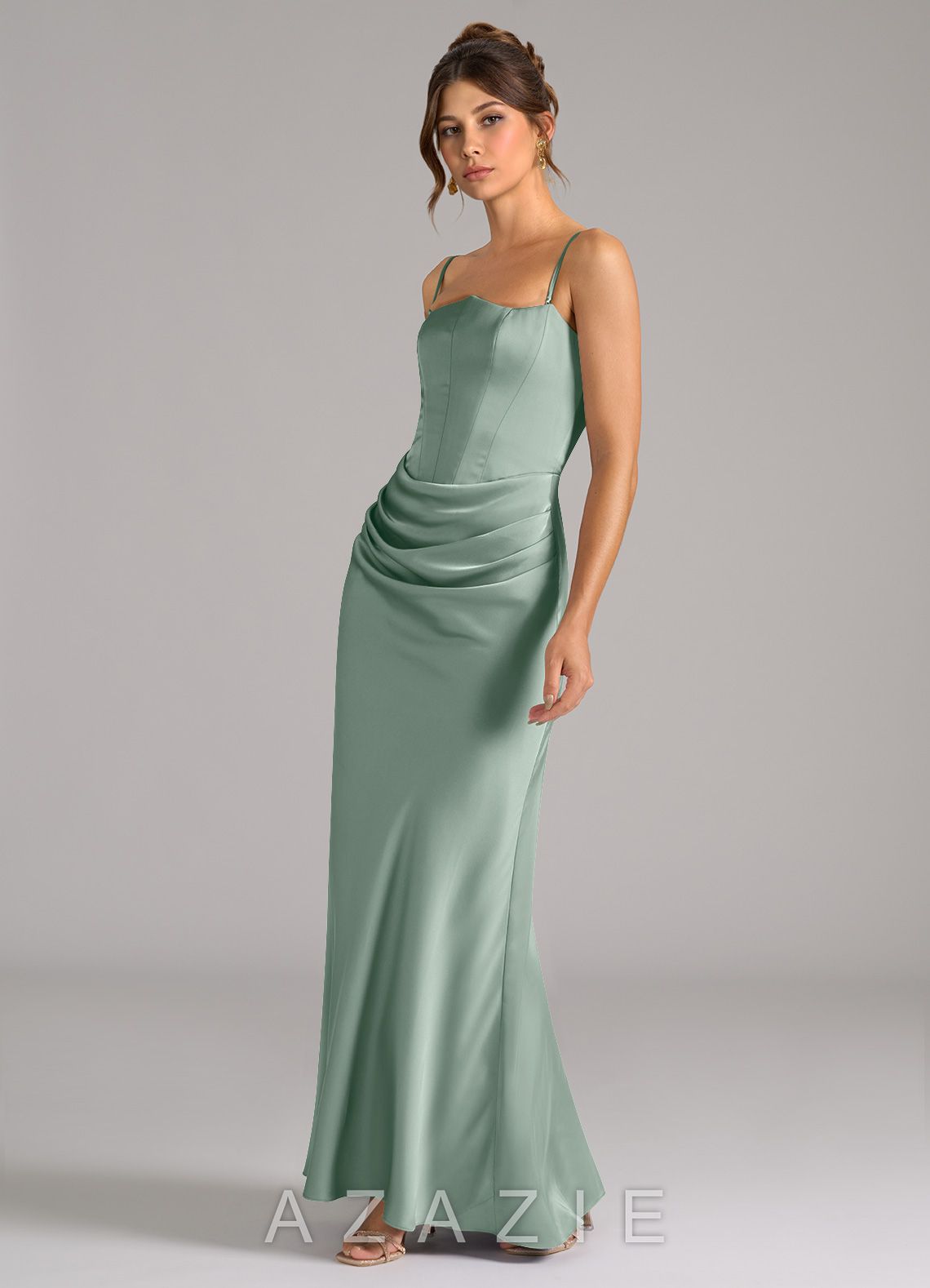 Azazie Debby Agave Mermaid Strapless Stretch Satin Convertible Dress agave