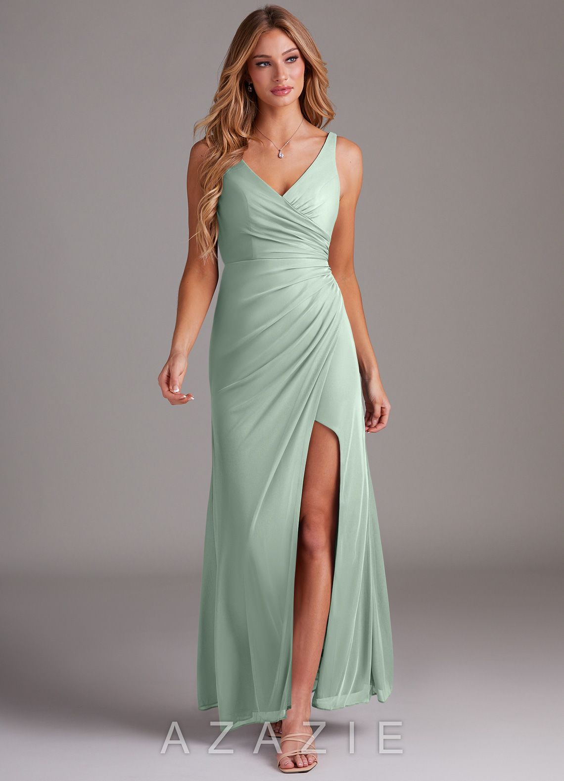 Azazie Leandra Agave Mermaid V-Neck Pleated Mesh Dress agave