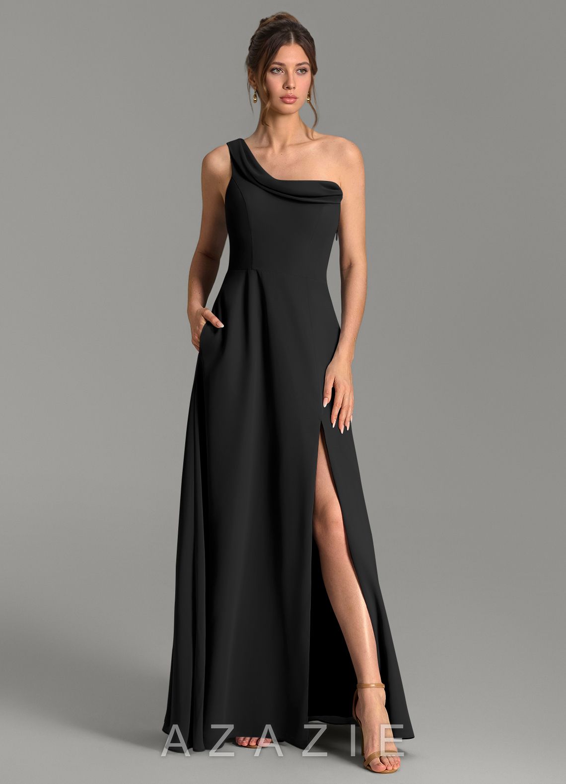 Azazie Thea Black A-Line One Shoulder Chiffon Dress black