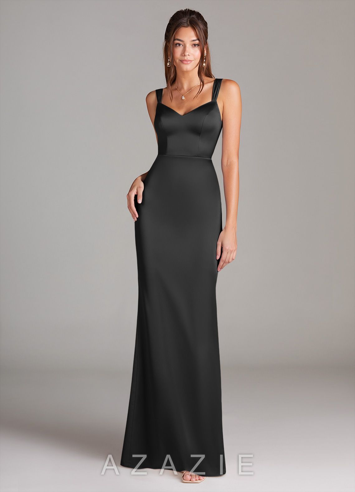 Azazie Denice Black Sheath Pleated Stretch Satin Dress black