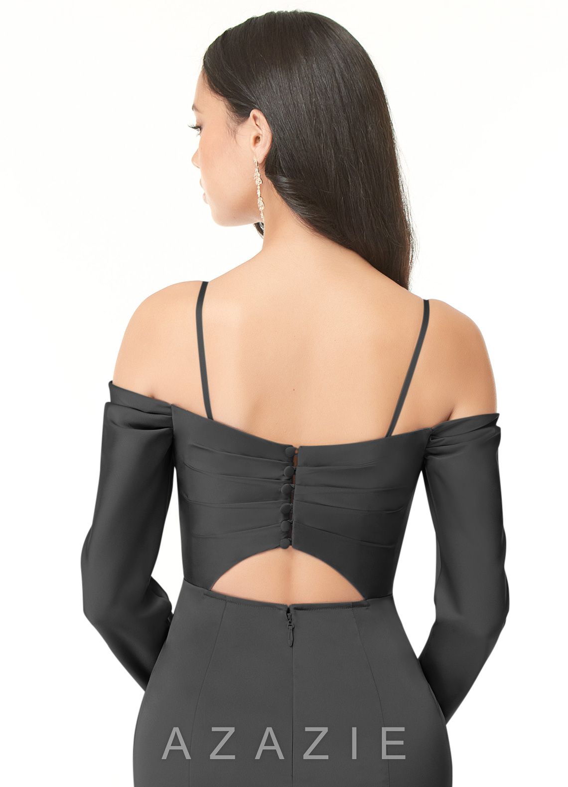 Azazie Hallie Black Mermaid Off-The-Shoulder Long Sleeve Stretch Satin Convertible Dress black
