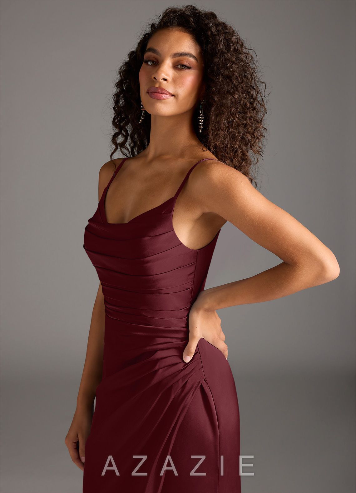 Azazie Deandra Cabernet Mermaid Pleated Stretch Satin Dress cabernet