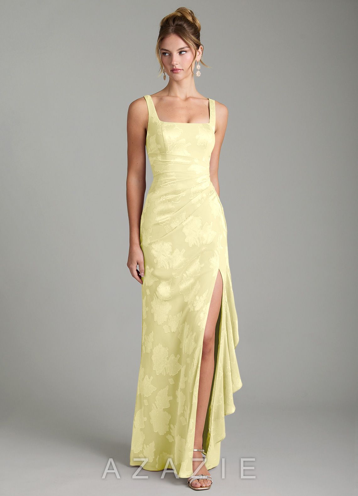 Azazie Veronica Lemon Sorbet Mermaid Pleated Floral Jacquard Burnout Dress