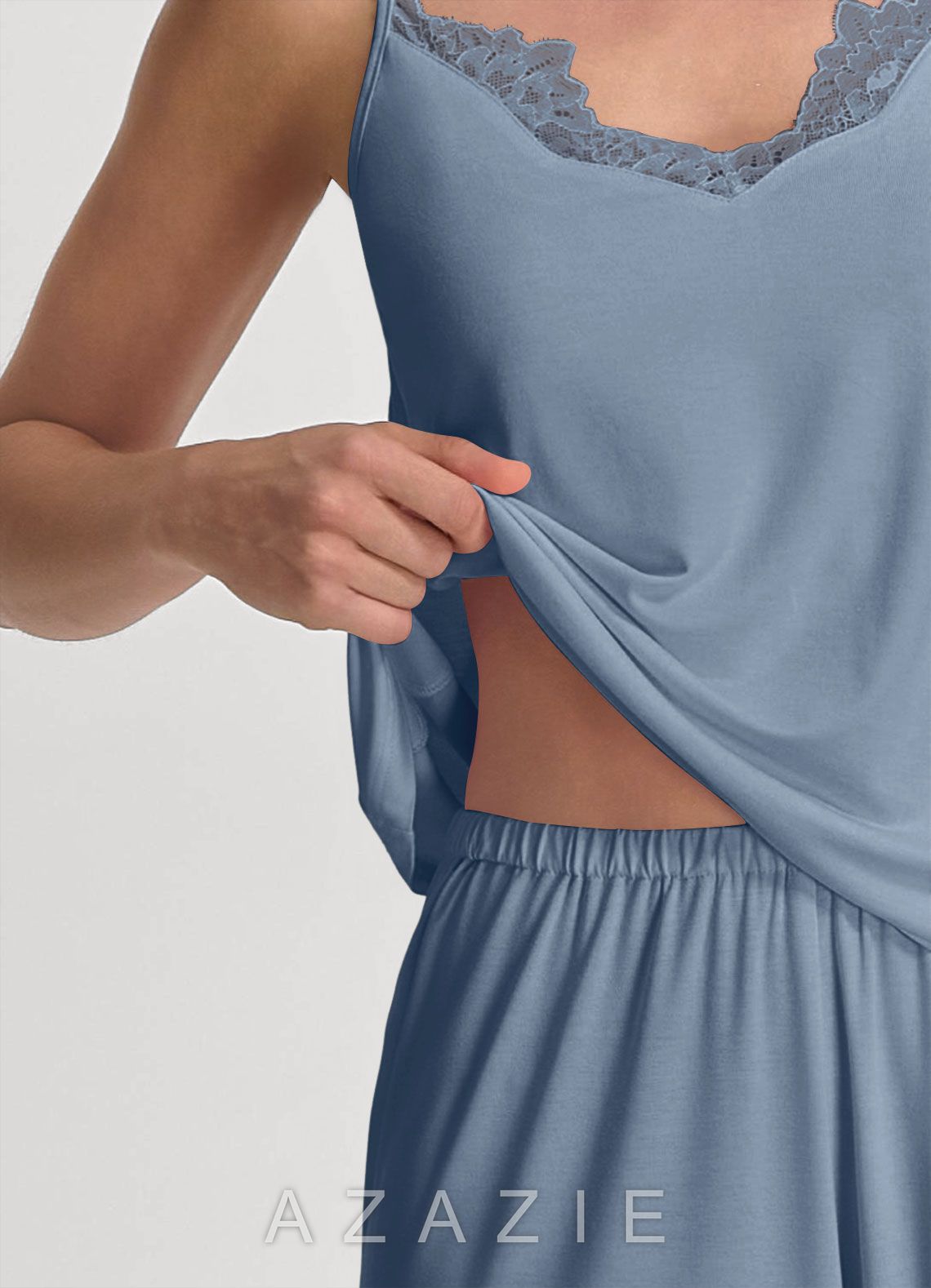 Soft Rayon Lace Trim Cami & Wide-Leg Pants Pajama Set  dusty_blue