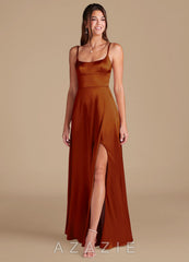 Azazie Halsey Auburn A-Line Side Slit Metallic Satin Dress auburn
