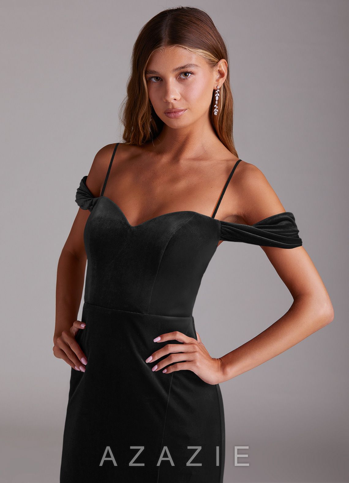Azazie Shay Black Sheath Off the Shoulder Velvet Convertible Dress black