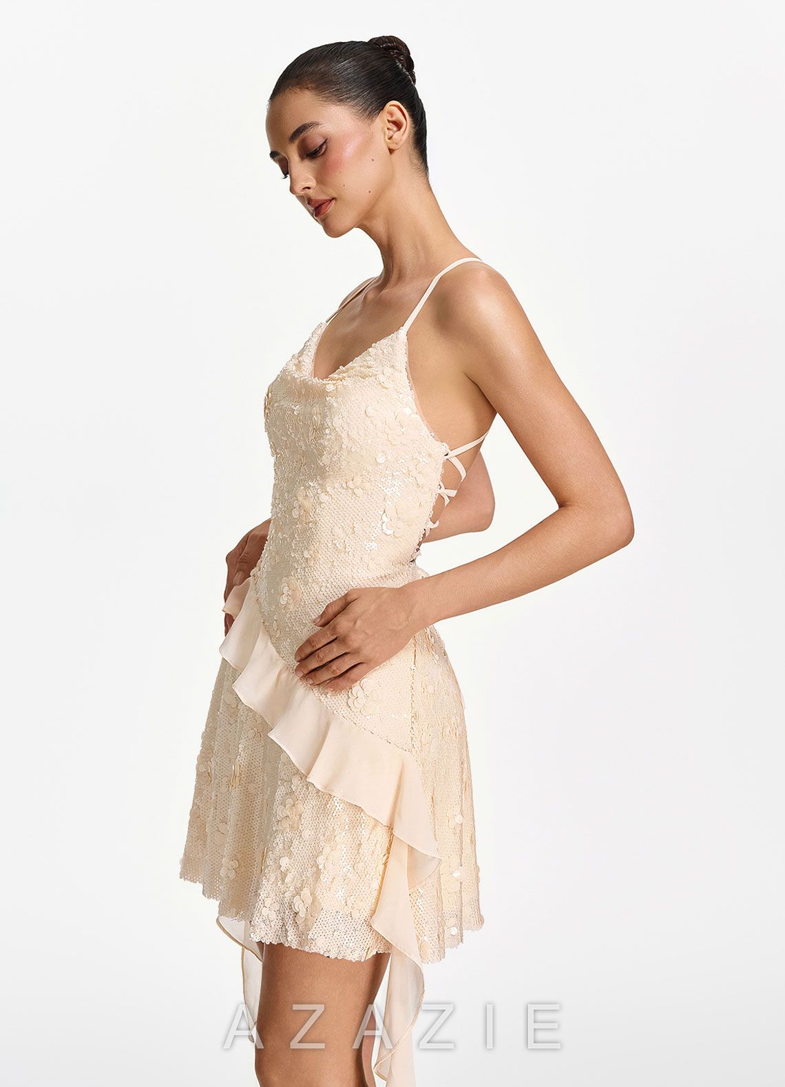 Honorata Champagne Sequin Floral Spaghetti Strap Lace Up Mini Dress